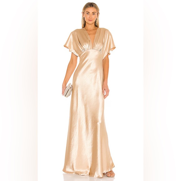 Free People Beatrice Dress in Warm Sand gold satin boho - Picture 2 of 8
